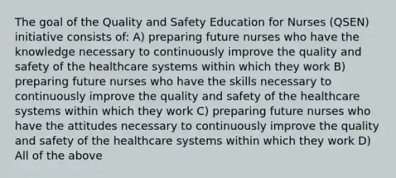 The goal of the Quality and Safety Education for Nurses (QSEN) initiative consists of: A) preparing future nurses who have the knowledge necessary to continuously improve the quality and safety of the healthcare systems within which they work B) preparing future nurses who have the skills necessary to continuously improve the quality and safety of the healthcare systems within which they work C) preparing future nurses who have the attitudes necessary to continuously improve the quality and safety of the healthcare systems within which they work D) All of the above