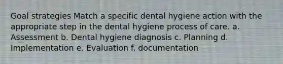 Goal strategies Match a specific dental hygiene action with the appropriate step in the dental hygiene process of care. a. Assessment b. Dental hygiene diagnosis c. Planning d. Implementation e. Evaluation f. documentation