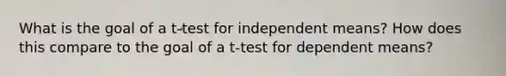 What is the goal of a t-test for independent means? How does this compare to the goal of a t-test for dependent means?