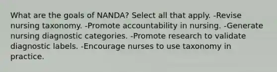 What are the goals of NANDA? Select all that apply. -Revise nursing taxonomy. -Promote accountability in nursing. -Generate nursing diagnostic categories. -Promote research to validate diagnostic labels. -Encourage nurses to use taxonomy in practice.