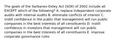 The goals of the​ Sarbanes-Oxley Act​ (SOX) of 2002 include all EXCEPT which of the​ following? A. replace independent corporate audits with internal audits B. eliminate conflicts of interest C. instill confidence in the public that management will run public companies in the best interests of all constituents D. instill confidence in investors that management will run public companies in the best interests of all constituents E. improve corporate governance rules