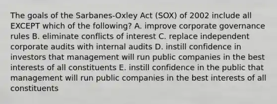 The goals of the​ Sarbanes-Oxley Act​ (SOX) of 2002 include all EXCEPT which of the​ following? A. improve <a href='https://www.questionai.com/knowledge/kQUptn3H3u-corporate-governance' class='anchor-knowledge'>corporate governance</a> rules B. eliminate conflicts of interest C. replace independent corporate audits with internal audits D. instill confidence in investors that management will run public companies in the best interests of all constituents E. instill confidence in the public that management will run public companies in the best interests of all constituents