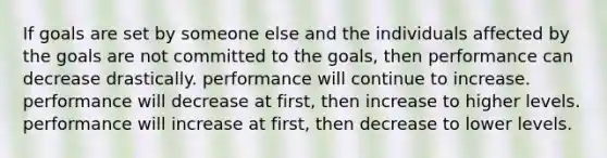 If goals are set by someone else and the individuals affected by the goals are not committed to the goals, then performance can decrease drastically. performance will continue to increase. performance will decrease at first, then increase to higher levels. performance will increase at first, then decrease to lower levels.