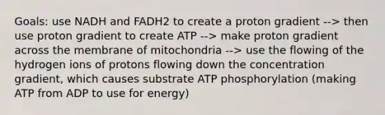 Goals: use NADH and FADH2 to create a proton gradient --> then use proton gradient to create ATP --> make proton gradient across the membrane of mitochondria --> use the flowing of the hydrogen ions of protons flowing down the concentration gradient, which causes substrate ATP phosphorylation (making ATP from ADP to use for energy)