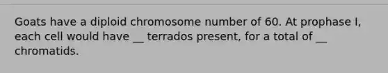 Goats have a diploid chromosome number of 60. At prophase I, each cell would have __ terrados present, for a total of __ chromatids.