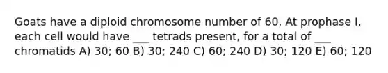 Goats have a diploid chromosome number of 60. At prophase I, each cell would have ___ tetrads present, for a total of ___ chromatids A) 30; 60 B) 30; 240 C) 60; 240 D) 30; 120 E) 60; 120