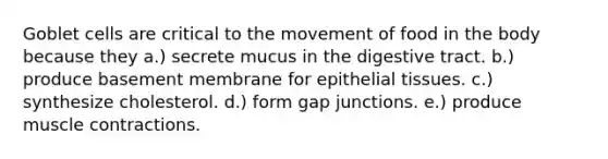 Goblet cells are critical to the movement of food in the body because they a.) secrete mucus in the digestive tract. b.) produce basement membrane for <a href='https://www.questionai.com/knowledge/k7dms5lrVY-epithelial-tissue' class='anchor-knowledge'>epithelial tissue</a>s. c.) synthesize cholesterol. d.) form gap junctions. e.) produce <a href='https://www.questionai.com/knowledge/k0LBwLeEer-muscle-contraction' class='anchor-knowledge'>muscle contraction</a>s.