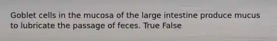 Goblet cells in the mucosa of the large intestine produce mucus to lubricate the passage of feces. True False