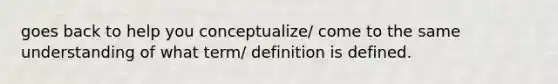 goes back to help you conceptualize/ come to the same understanding of what term/ definition is defined.