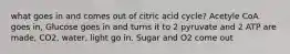 what goes in and comes out of citric acid cycle? Acetyle CoA goes in, Glucose goes in and turns it to 2 pyruvate and 2 ATP are made, CO2, water, light go in. Sugar and O2 come out