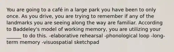 You are going to a café in a large park you have been to only once. As you drive, you are trying to remember if any of the landmarks you are seeing along the way are familiar. According to Baddeley's model of working memory, you are utilizing your ______ to do this. -elaborative rehearsal -phonological loop -long-term memory -visuospatial sketchpad