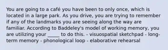 You are going to a café you have been to only once, which is located in a large park. As you drive, you are trying to remember if any of the landmarks you are seeing along the way are familiar. According to Baddeley's model of working memory, you are utilizing your _____ to do this. - visuospatial sketchpad - long-term memory - phonological loop - elaborative rehearsal