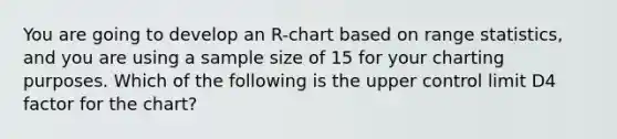 You are going to develop an R-chart based on range statistics, and you are using a sample size of 15 for your charting purposes. Which of the following is the upper control limit D4 factor for the chart?