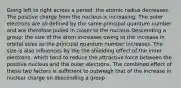 Going left to right across a period: the atomic radius decreases. The positive charge from the nucleus is increasing. The outer electrons are all defined by the same principal quantum number and are therefore pulled in closer to the nucleus Descending a group: the size of the atom increases owing to the increase in orbital sizes as the principal quantum number increases. The size is also influences by the the shielding effect of the inner electrons, which tend to reduce the attractive force between the positive nucleus and the outer electrons. The combined effect of these two factors is sufficient to outweigh that of the increase in nuclear charge on descending a group