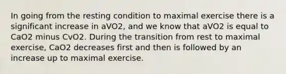 In going from the resting condition to maximal exercise there is a significant increase in aVO2, and we know that aVO2 is equal to CaO2 minus CvO2. During the transition from rest to maximal exercise, CaO2 decreases first and then is followed by an increase up to maximal exercise.