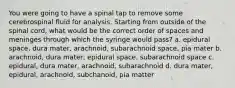 You were going to have a spinal tap to remove some cerebrospinal fluid for analysis. Starting from outside of the spinal cord, what would be the correct order of spaces and meninges through which the syringe would pass? a. epidural space, dura mater, arachnoid, subarachnoid space, pia mater b. arachnoid, dura mater, epidural space, subarachnoid space c. epidural, dura mater, arachnoid, subarachnoid d. dura mater, epidural, arachnoid, subchanoid, pia matter