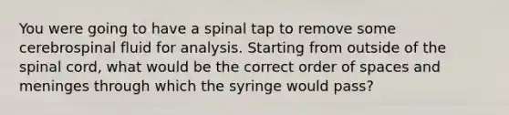 You were going to have a spinal tap to remove some cerebrospinal fluid for analysis. Starting from outside of the spinal cord, what would be the correct order of spaces and meninges through which the syringe would pass?