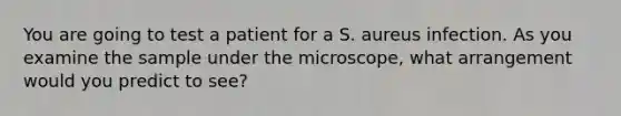 You are going to test a patient for a S. aureus infection. As you examine the sample under the microscope, what arrangement would you predict to see?