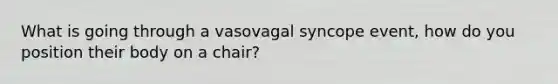 What is going through a vasovagal syncope event, how do you position their body on a chair?