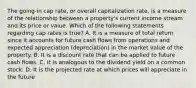 The going-in cap rate, or overall capitalization rate, is a measure of the relationship between a property's current income stream and its price or value. Which of the following statements regarding cap rates is true? A. It is a measure of total return since it accounts for future cash flows from operations and expected appreciation (depreciation) in the market value of the property. B. It is a discount rate that can be applied to future cash flows. C. It is analogous to the dividend yield on a common stock. D. It is the projected rate at which prices will appreciate in the future