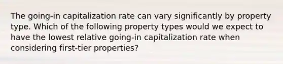 The going-in capitalization rate can vary significantly by property type. Which of the following property types would we expect to have the lowest relative going-in capitalization rate when considering first-tier properties?