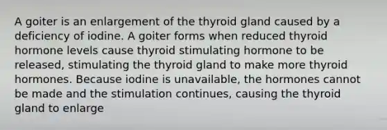 A goiter is an enlargement of the thyroid gland caused by a deficiency of iodine. A goiter forms when reduced thyroid hormone levels cause thyroid stimulating hormone to be released, stimulating the thyroid gland to make more thyroid hormones. Because iodine is unavailable, the hormones cannot be made and the stimulation continues, causing the thyroid gland to enlarge