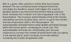 Why is a goiter often present in clients who have Graves disease? The low circulating levels of thyroid hormones stimulates the feedback system and triggers the anterior pituitary gland to secrete more thyroid-stimulating hormone, which increases the numbers and size of glandular cells in the thyroid gland. The excessive autoantibodies bind to the thyroid-stimulating hormone receptor sites, which increases the number and size of glandular cells in the thyroid gland. The autoantibodies stimulate blood vessel growth and blood storage within the thyroid gland, increasing its overall size. The autoantibodies stimulate the inflammatory and immune responses to increase the number of white blood cells circulating in the thyroid gland, which increases tissue size without increasing the number of glandular cells.