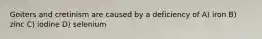 Goiters and cretinism are caused by a deficiency of A) iron B) zinc C) iodine D) selenium