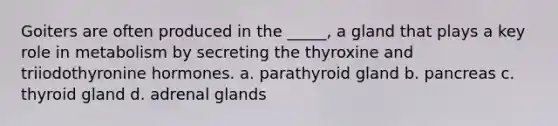 Goiters are often produced in the _____, a gland that plays a key role in metabolism by secreting the thyroxine and triiodothyronine hormones. a. parathyroid gland b. pancreas c. thyroid gland d. adrenal glands