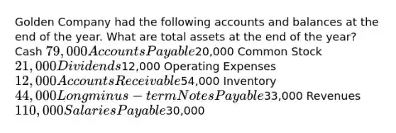 Golden Company had the following accounts and balances at the end of the year. What are total assets at the end of the​ year? Cash ​79,000 Accounts Payable ​20,000 Common Stock ​21,000 Dividends ​12,000 Operating Expenses ​12,000 Accounts Receivable ​54,000 Inventory ​44,000 Longminus−term Notes Payable ​33,000 Revenues ​110,000 Salaries Payable ​30,000