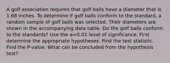 A golf association requires that golf balls have a diameter that is 1.68 inches. To determine if golf balls conform to the​ standard, a random sample of golf balls was selected. Their diameters are shown in the accompanying data table. Do the golf balls conform to the​ standards? Use the α=0.01 level of significance. First determine the appropriate hypotheses. Find <a href='https://www.questionai.com/knowledge/kzeQt8hpQB-the-test-statistic' class='anchor-knowledge'>the test statistic</a>. Find the​ P-value. What can be concluded from the hypothesis​ test?