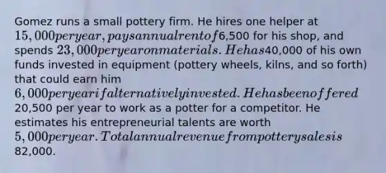 Gomez runs a small pottery firm. He hires one helper at 15,000 per year, pays annual rent of6,500 for his shop, and spends 23,000 per year on materials. He has40,000 of his own funds invested in equipment (pottery wheels, kilns, and so forth) that could earn him 6,000 per year if alternatively invested. He has been offered20,500 per year to work as a potter for a competitor. He estimates his entrepreneurial talents are worth 5,000 per year. Total annual revenue from pottery sales is82,000.