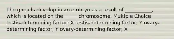 The gonads develop in an embryo as a result of ___________, which is located on the _____ chromosome. Multiple Choice testis-determining factor; X testis-determining factor; Y ovary-determining factor; Y ovary-determining factor; X