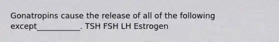 Gonatropins cause the release of all of the following except___________. TSH FSH LH Estrogen