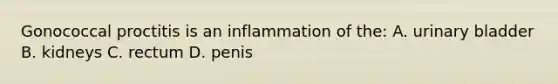 Gonococcal proctitis is an inflammation of the: A. <a href='https://www.questionai.com/knowledge/kb9SdfFdD9-urinary-bladder' class='anchor-knowledge'>urinary bladder</a> B. kidneys C. rectum D. penis