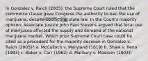 In Gonzalez v. Raich (2005), the Supreme Court ruled that the commerce clause gave Congress the authority to ban the use of marijuana, despite conflicting state law. In the Court's majority opinion, Associate Justice John Paul Stevens argued that local use of marijuana affected the supply and demand of the national marijuana market. Which prior Supreme Court case could be cited as a precedent for the majority decision in Gonzalez v. Raich (2005)? a. McCulloch v. Maryland (1819) b. Shaw v. Reno (1993) c. Baker v. Carr (1962) d. Marbury v. Madison (1803))