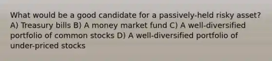 What would be a good candidate for a passively-held risky asset? A) Treasury bills B) A money market fund C) A well-diversified portfolio of common stocks D) A well-diversified portfolio of under-priced stocks