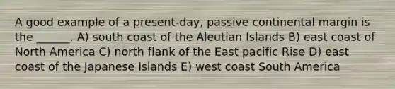 A good example of a present-day, passive continental margin is the ______. A) south coast of the Aleutian Islands B) east coast of North America C) north flank of the East pacific Rise D) east coast of the Japanese Islands E) west coast South America