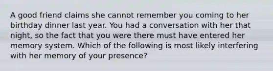 A good friend claims she cannot remember you coming to her birthday dinner last year. You had a conversation with her that night, so the fact that you were there must have entered her memory system. Which of the following is most likely interfering with her memory of your presence?