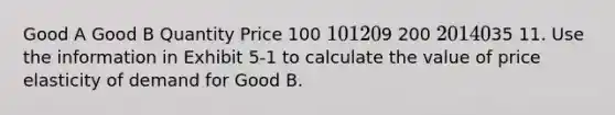 Good A Good B Quantity Price 100 10 1209 200 20 14035 11. Use the information in Exhibit 5-1 to calculate the value of price elasticity of demand for Good B.