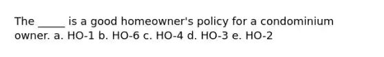 The _____ is a good homeowner's policy for a condominium owner. a. HO-1 b. HO-6 c. HO-4 d. HO-3 e. HO-2