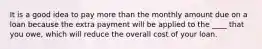 It is a good idea to pay more than the monthly amount due on a loan because the extra payment will be applied to the ____ that you owe, which will reduce the overall cost of your loan.