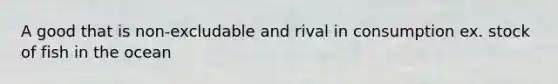 A good that is non-excludable and rival in consumption ex. stock of fish in the ocean