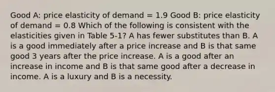 Good A: price elasticity of demand = 1.9 Good B: price elasticity of demand = 0.8 Which of the following is consistent with the elasticities given in Table 5-1? A has fewer substitutes than B. A is a good immediately after a price increase and B is that same good 3 years after the price increase. A is a good after an increase in income and B is that same good after a decrease in income. A is a luxury and B is a necessity.