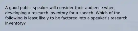 A good public speaker will consider their audience when developing a research inventory for a speech. Which of the following is least likely to be factored into a speaker's research inventory?