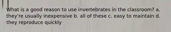 What is a good reason to use invertebrates in the classroom? a. they're usually inexpensive b. all of these c. easy to maintain d. they reproduce quickly