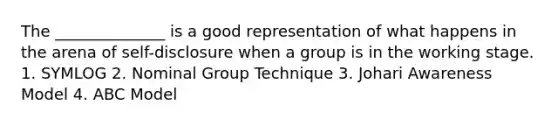 The ______________ is a good representation of what happens in the arena of self-disclosure when a group is in the working stage. 1. SYMLOG 2. Nominal Group Technique 3. Johari Awareness Model 4. ABC Model