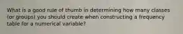 What is a good rule of thumb in determining how many classes (or groups) you should create when constructing a frequency table for a numerical variable?