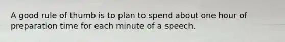 A good rule of thumb is to plan to spend about one hour of preparation time for each minute of a speech.