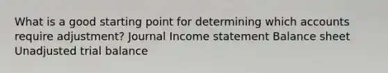 What is a good starting point for determining which accounts require adjustment? Journal Income statement Balance sheet Unadjusted trial balance